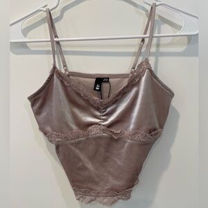 Lace and faux velvet mauve cropped tank